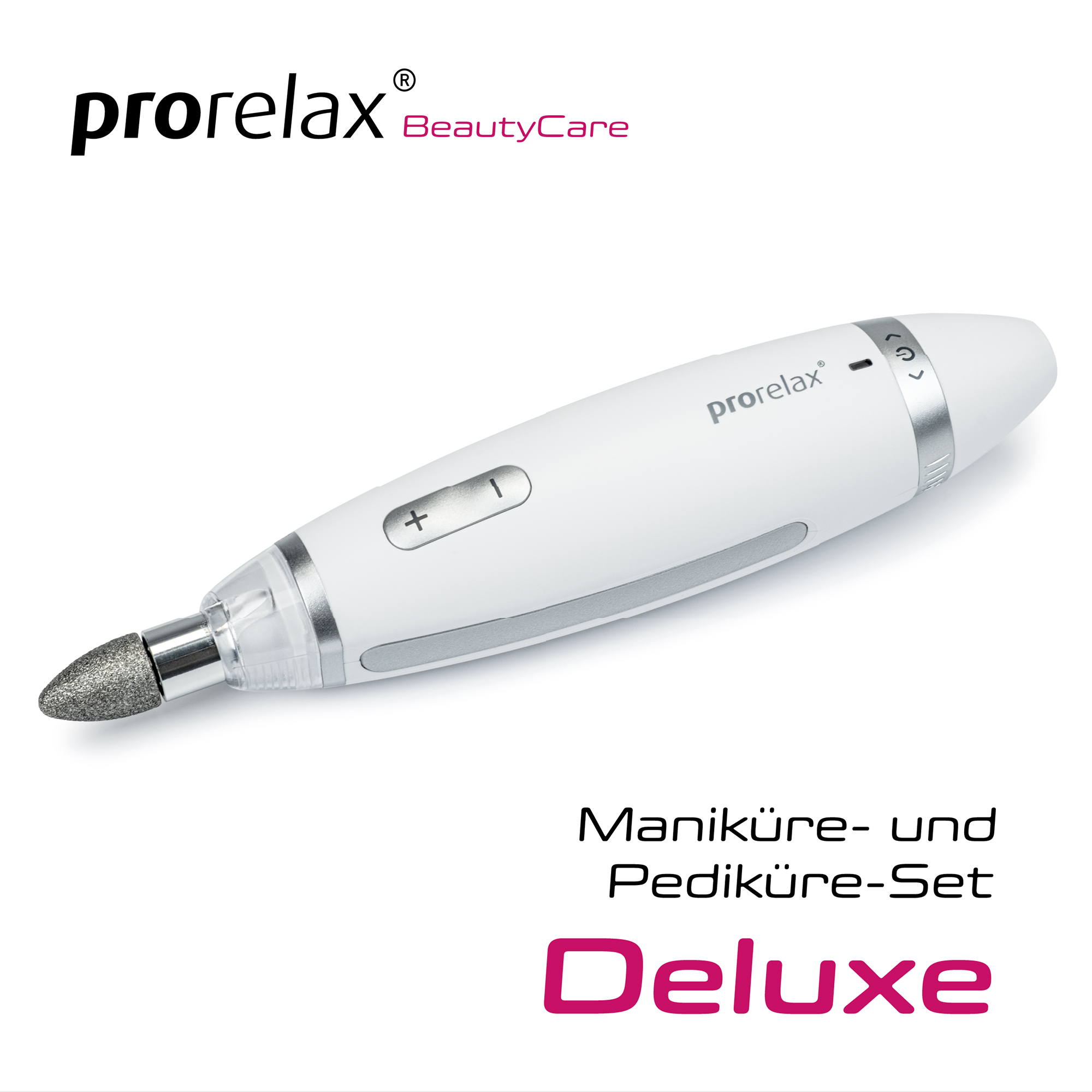 Weißes Maniküre- und Pediküre-Set. Die Marke ist Prorelax BeautyCare. Deluxe steht darauf.
