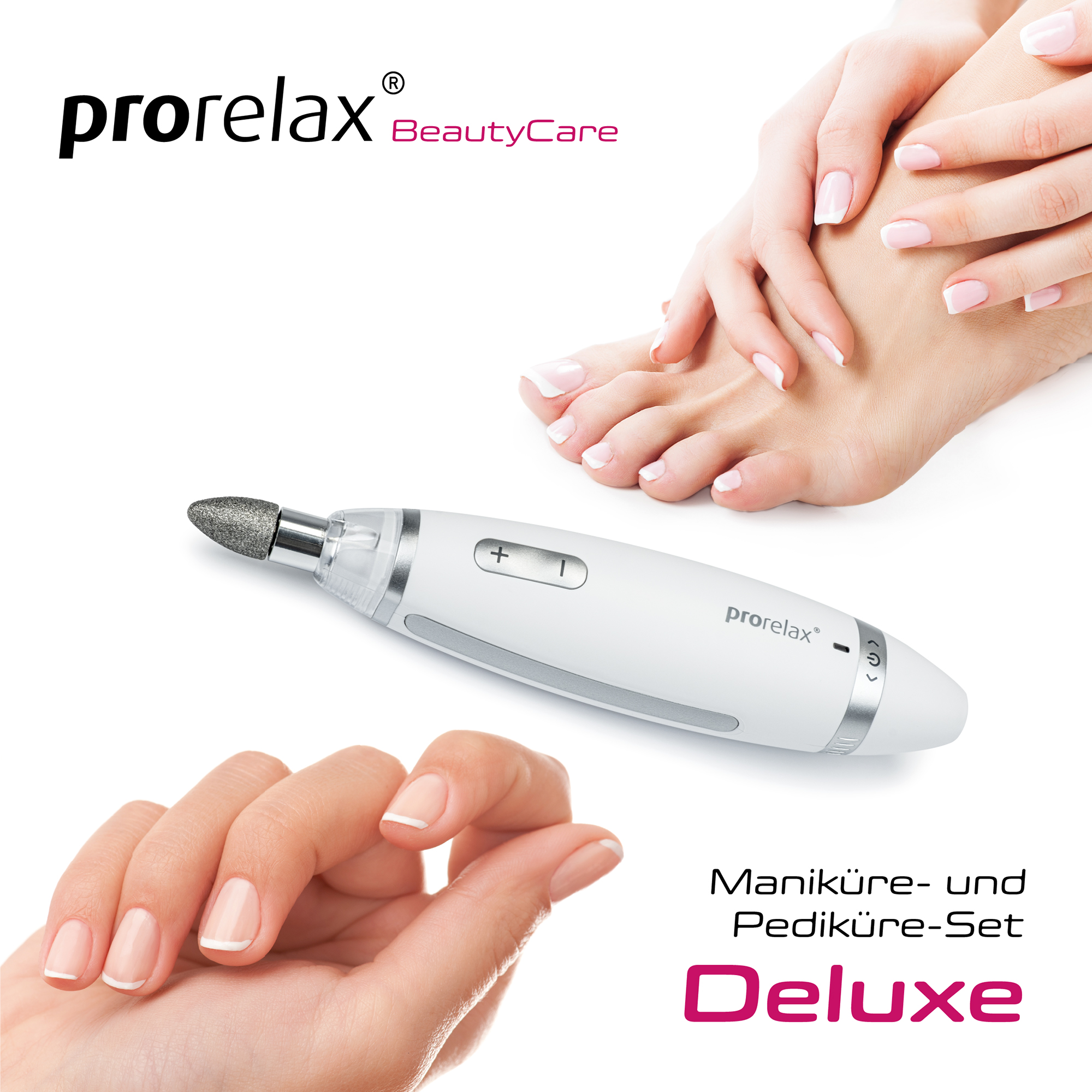 Ein Beauty-Care-Set mit einem Nagelpflegegerät, Händen und einem Fuß. Der Hintergrund ist weiß.