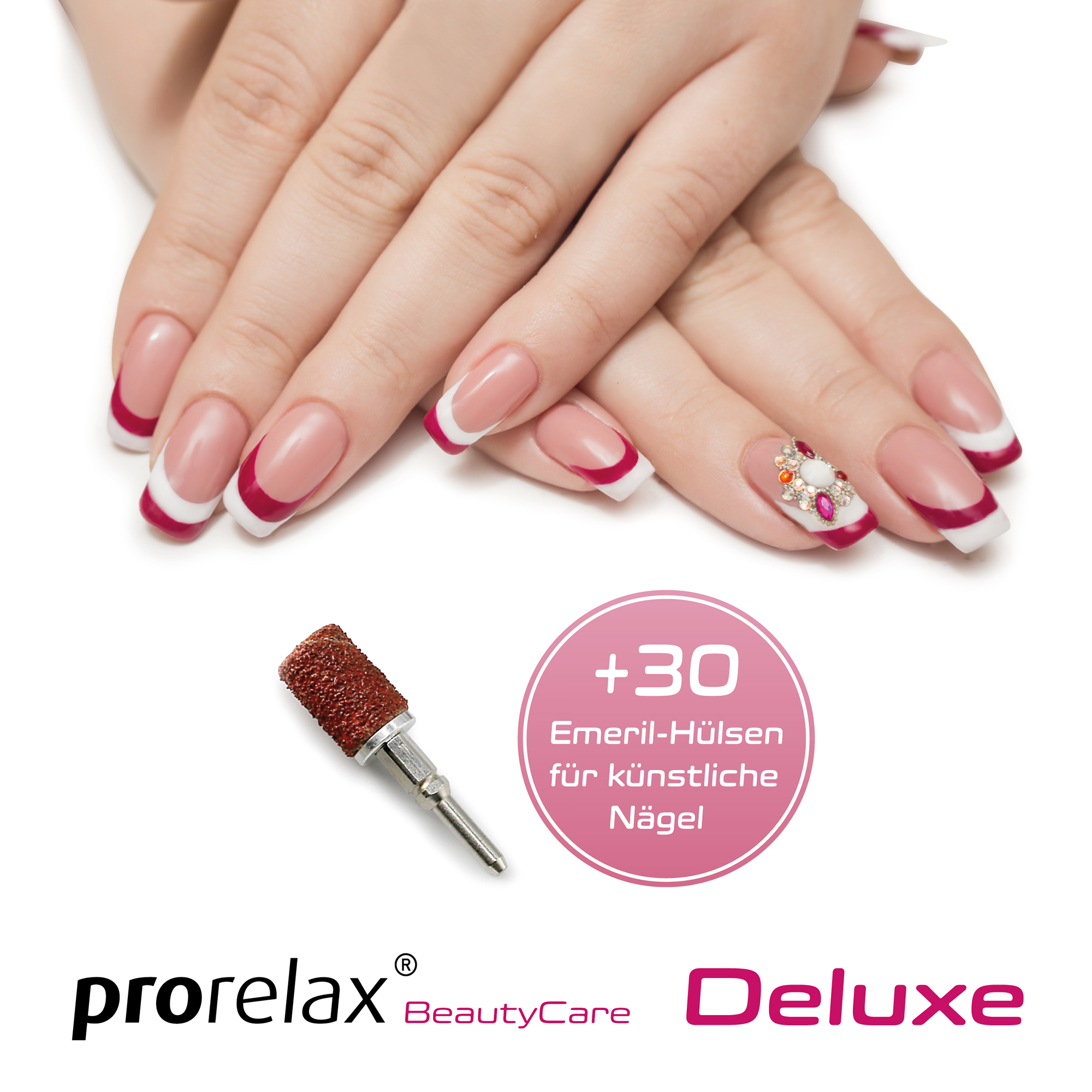 Manikürte Hände mit French-Tip-Nägeln, mit einem Nagelbohrer und Werbetext.