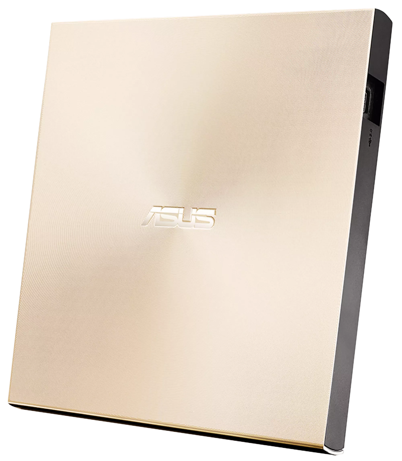Arany ASUS külső DVD-meghajtó. Az ASUS logó középen van. A dizájn szálcsiszott fém hatású.
