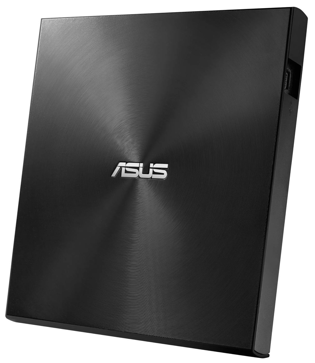 Fekete ASUS külső CD/DVD meghajtó, elegáns, fémes felülettel.