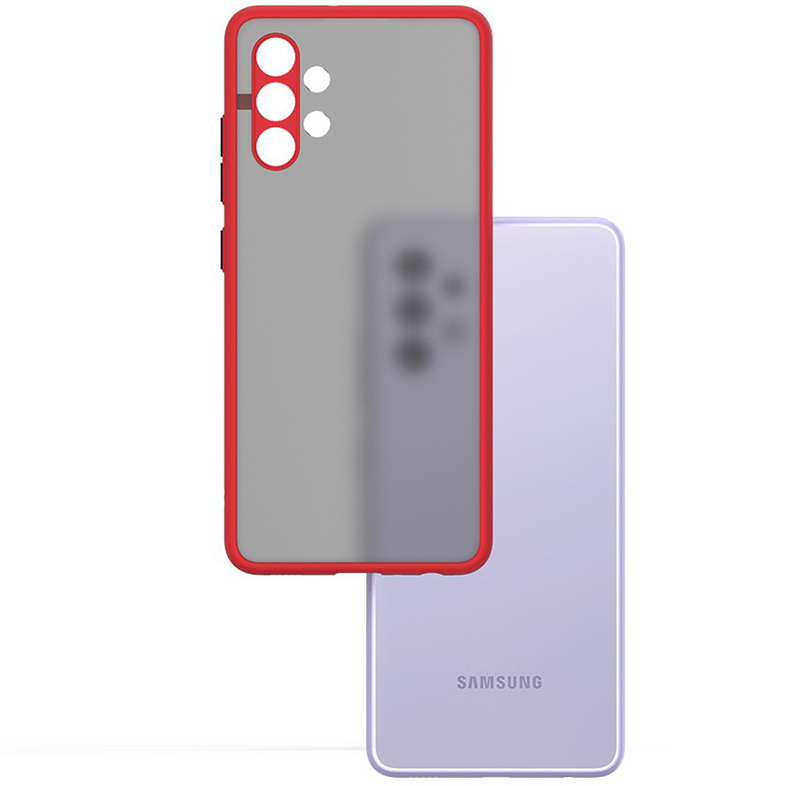Egy piros szegélyű, szürke telefontok egy lila telefon mellett. A Samsung logó látható.