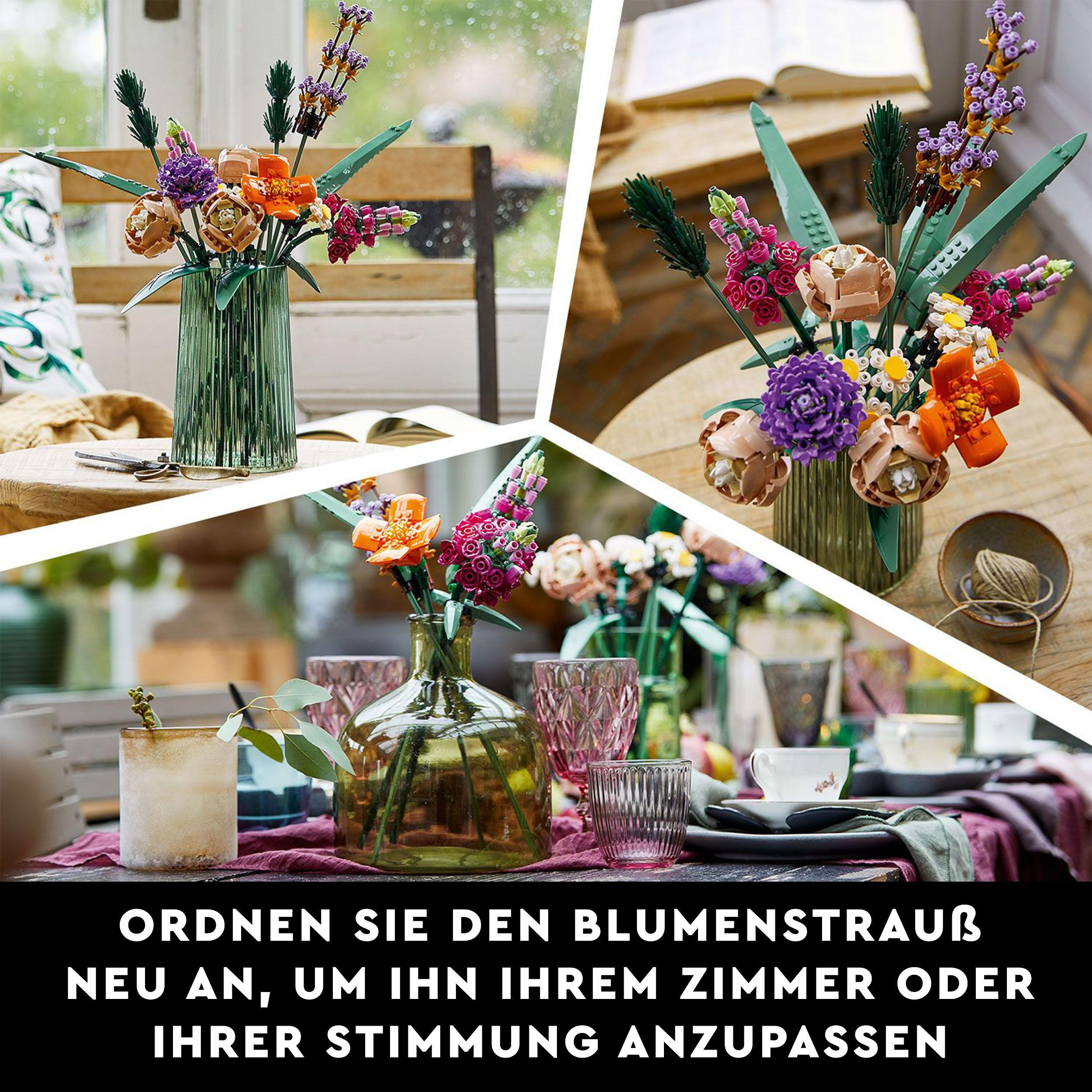 Drei Bilder von Lego-Blumen in Vasen. Text: Ordnen Sie die Blumen, um sie Ihrem Raum anzupassen.
