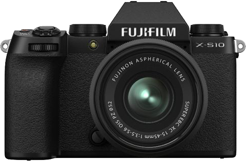 Zwarte Fujifilm X-S10 camera met lens. Fujifilm logo bovenop. Zwarte grip aan de zijkant.