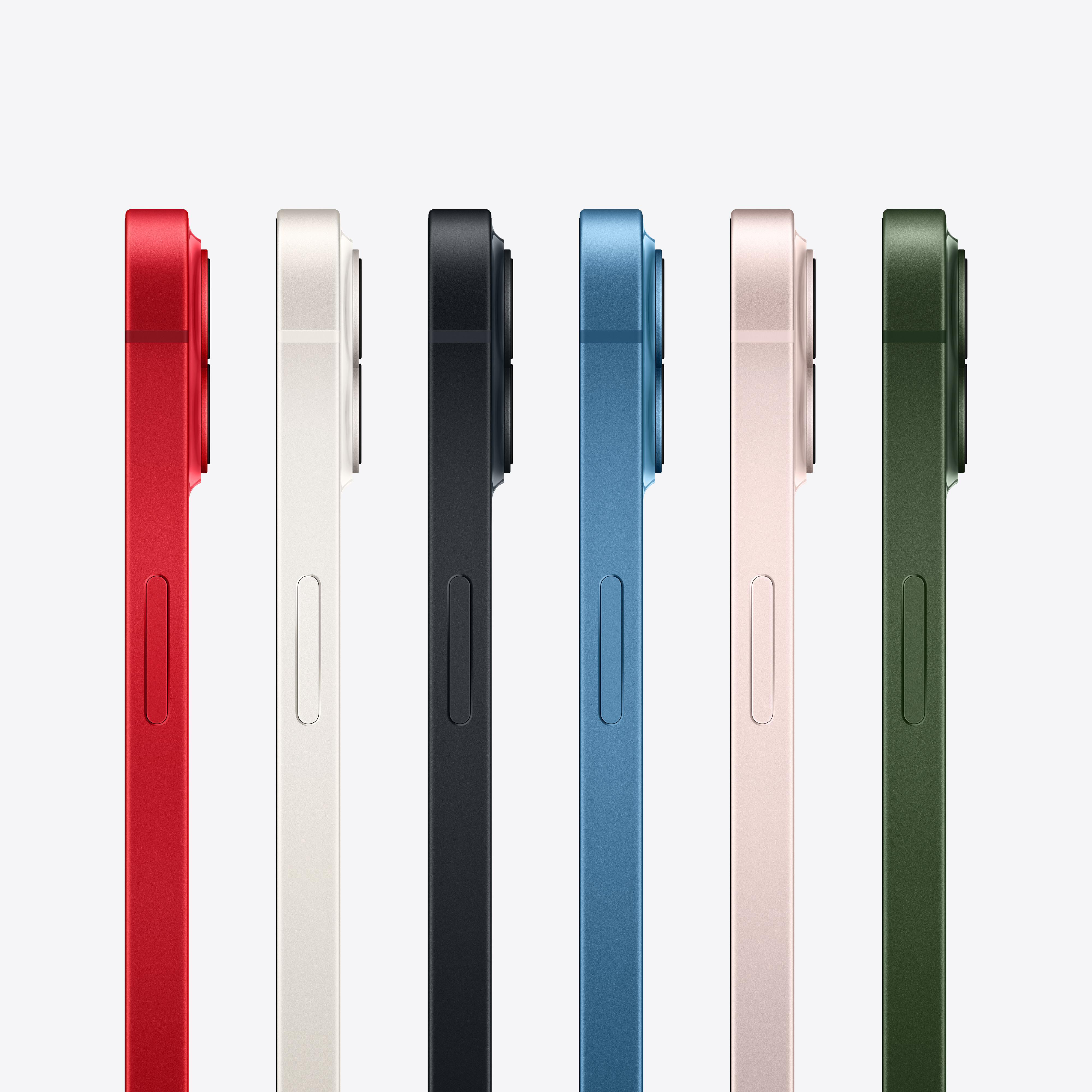 Fünf iPhones in verschiedenen Farben: rot, creme, schwarz, blau, rosa und grün. Seitenansicht.