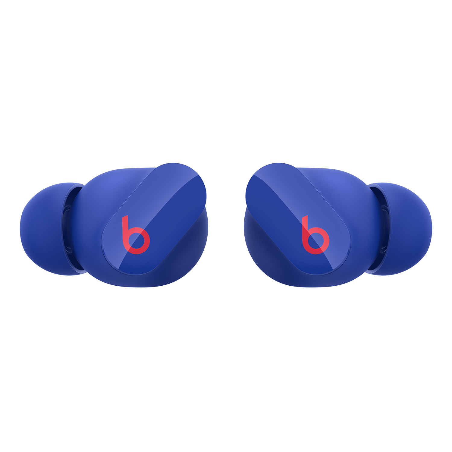 Dos auriculares inalámbricos azules con el logotipo rojo 'b' sobre fondo negro.