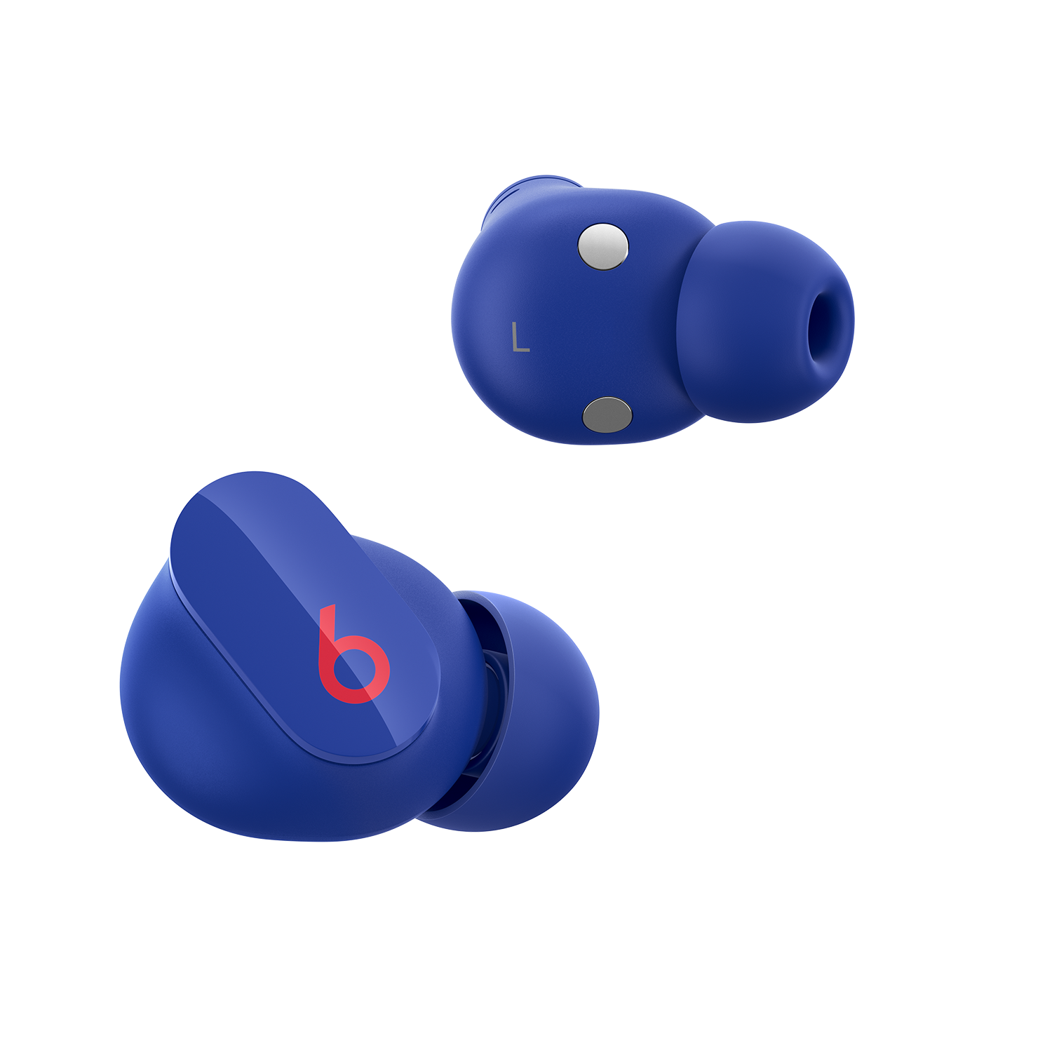 Dos auriculares Beats azules y rojos sobre un fondo negro.