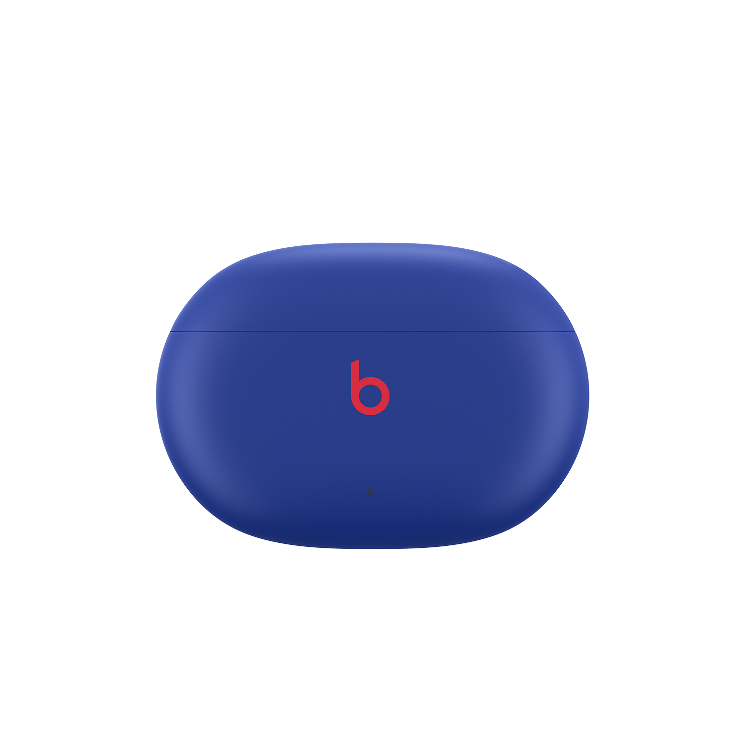 Funda azul de auriculares Beats con el logo rojo de Beats. Fondo negro.