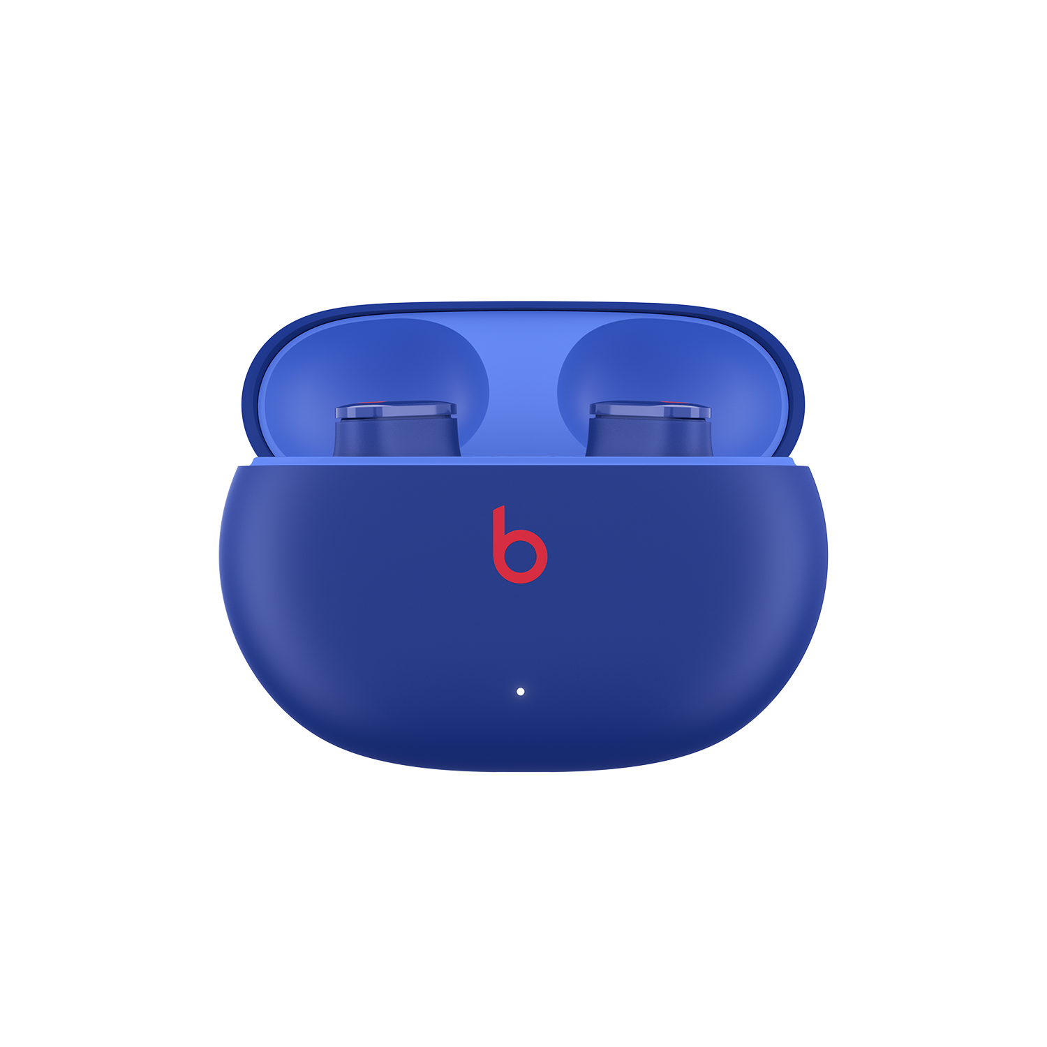 Estuche de carga de auriculares inalámbricos azules, logo Beats al frente, abierto sobre negro.