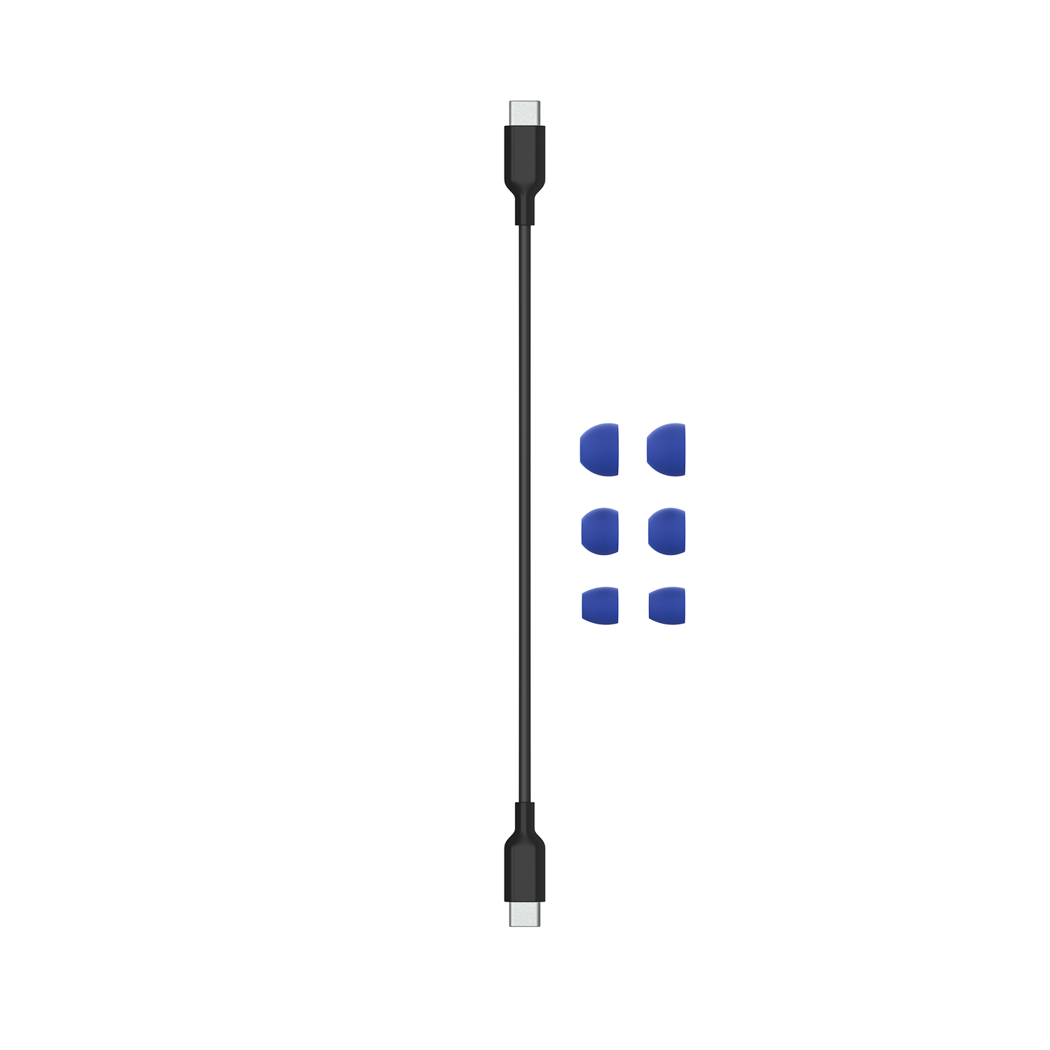 Un cable de carga negro y 3 pares de puntas azules para los oídos.