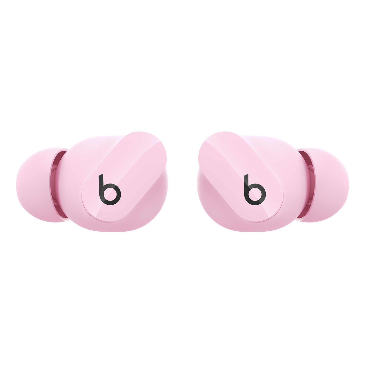 Dos auriculares Beats rosas con el logo 'b', aislados sobre fondo negro.