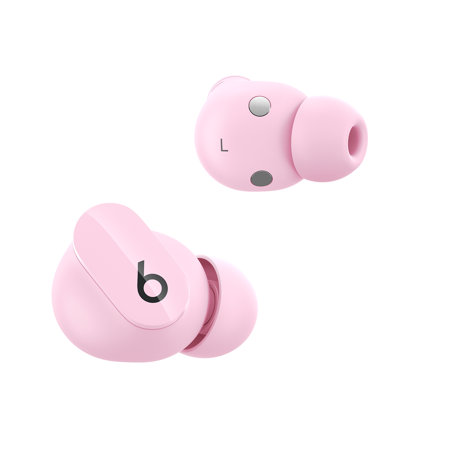 Auriculares Beats rosas, uno con 'L', otro con logo 'b'. Ambos sobre fondo negro.