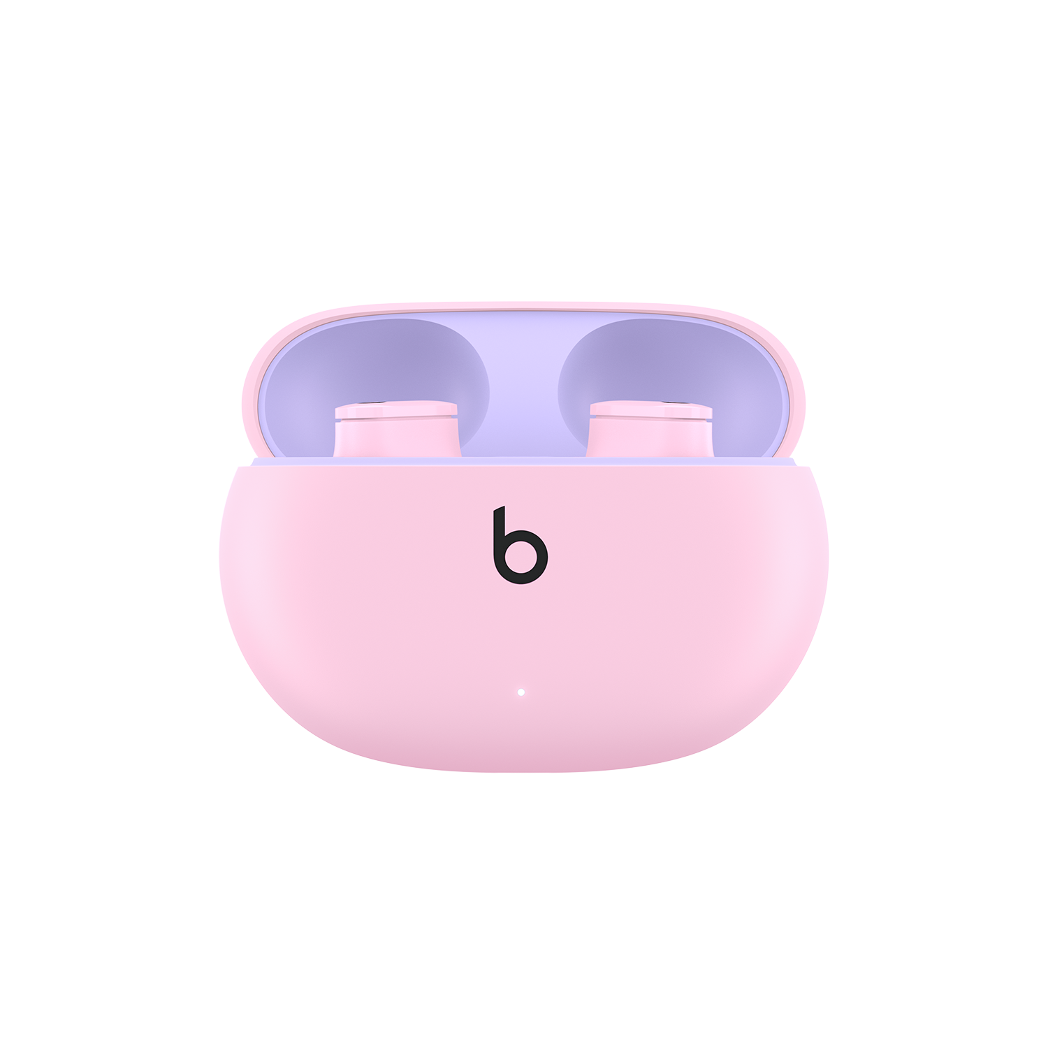 Auriculares Beats rosas en un estuche rosa y morado abierto. El estuche está sobre una superficie blanca.