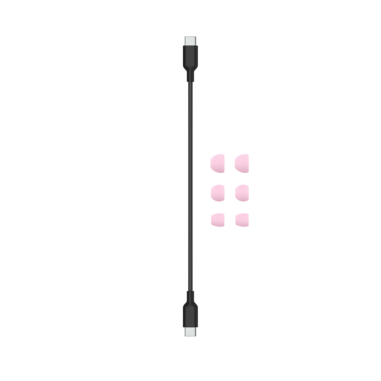 Un cable de carga negro con almohadillas rosas y un conector USB-C.
