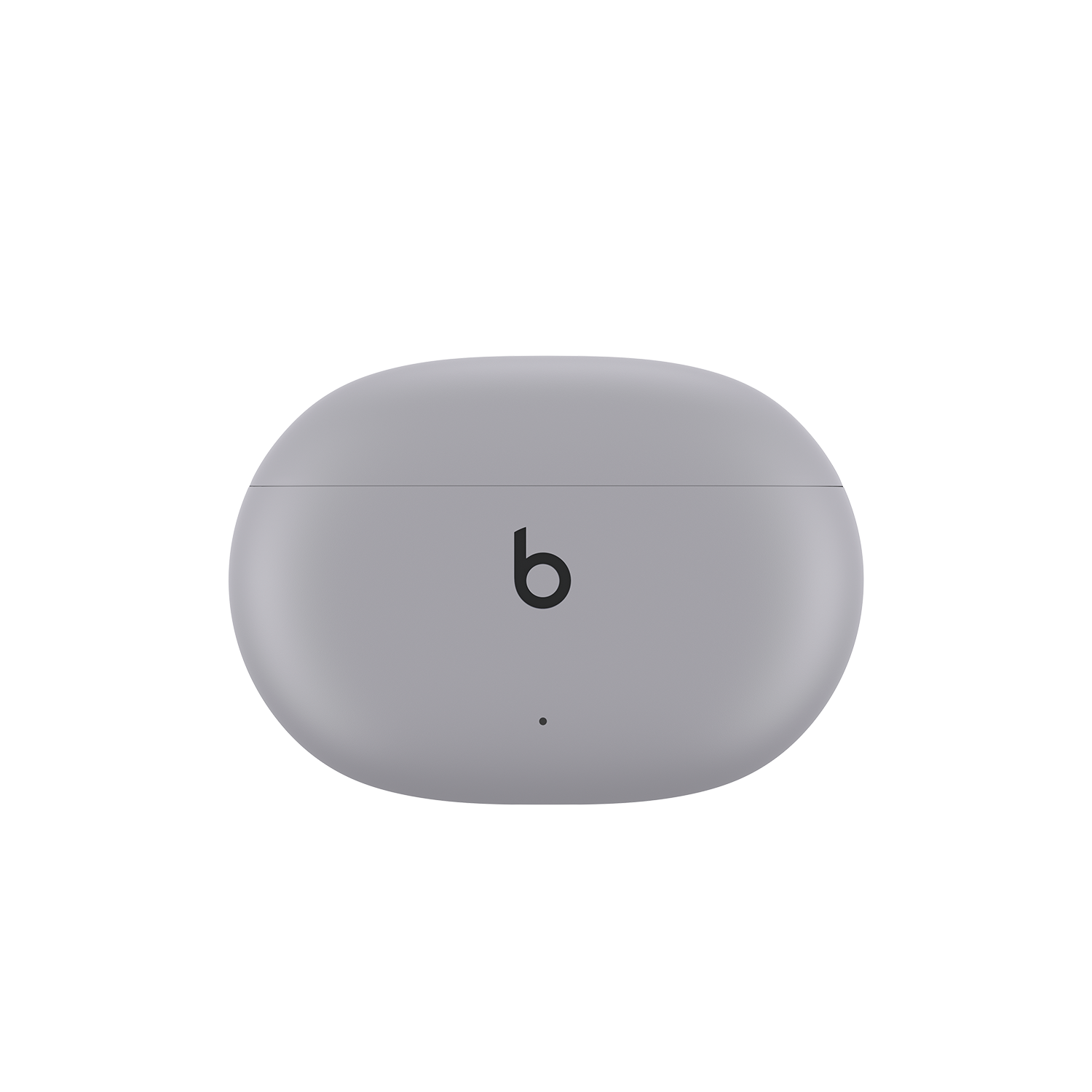 Estuche de carga de auriculares Beats gris claro. El logotipo de Beats está en la parte frontal.