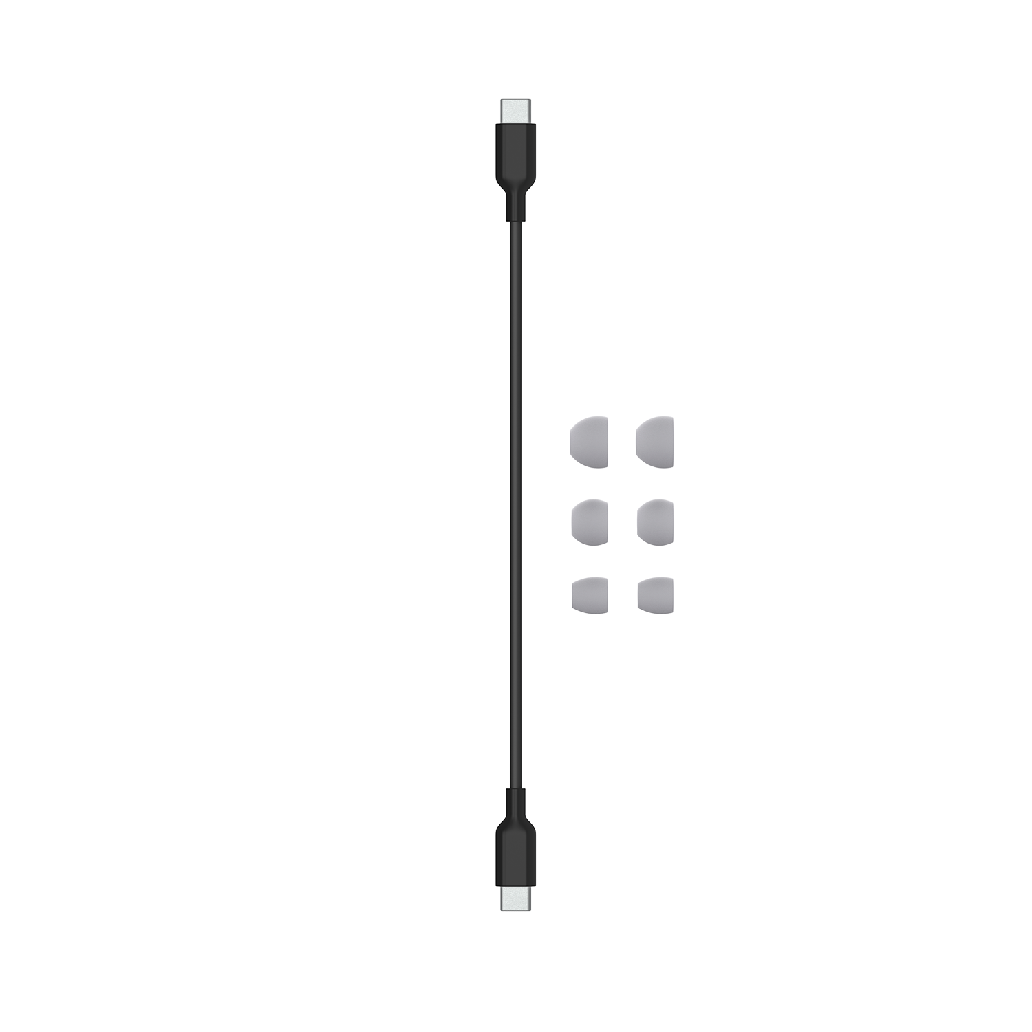Cable USB-C negro y almohadillas blancas. Fondo negro.