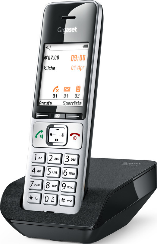 Schnurloses Telefon auf Ladestation, mit silbernem und schwarzem Design.