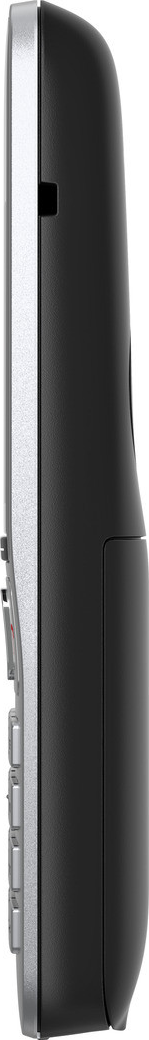 Schwarzes Festnetztelefon. Seitenansicht. Silberne Zierleiste. Weißer Hintergrund.