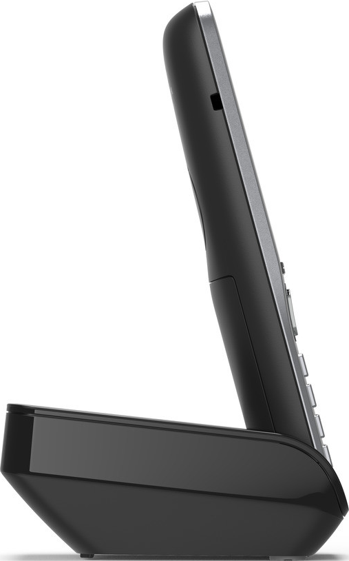 Schwarzes schnurloses Telefon mit schwarzer Basis, Seitenansicht.