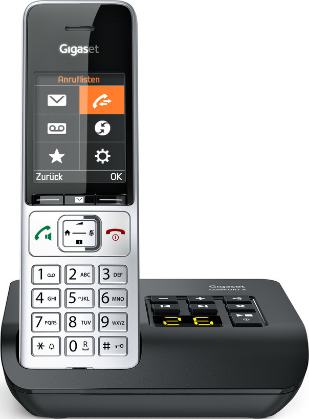 Ein schnurloses Gigaset-Telefon mit Basisstation. Das Telefon hat einen Bildschirm und Tasten.