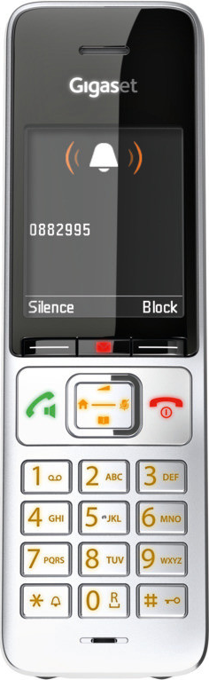 Gigaset-Telefon mit einem Bildschirm, der eine Benachrichtigung über einen verpassten Anruf zeigt. Es hat die Nummer 0882995.