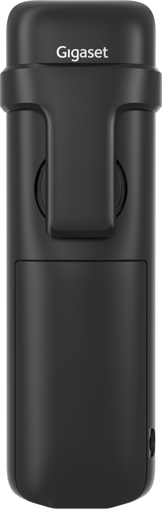 Ein schwarzes Gigaset-Telefon. Verfügt über einen Gürtelclip und ein Gigaset-Logo.