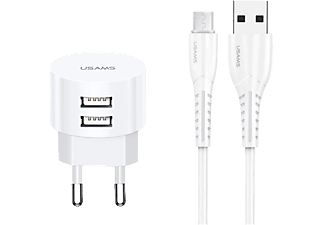 USAMS Micro 2.1A dupla USB portos hálózati töltő, 100 cm-es Micro USB kábellel fehér (XTXLOGT18MC05)