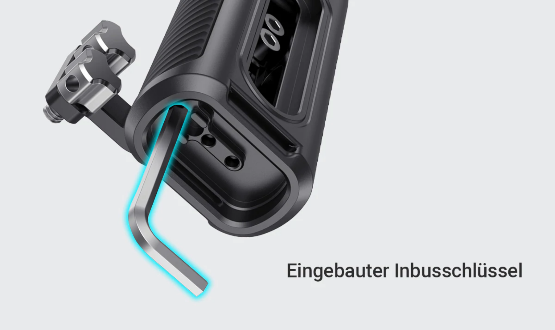 Schwarzes Werkzeug mit eingesetztem Inbusschlüssel. Text: Eingebauter Inbusschlüssel.