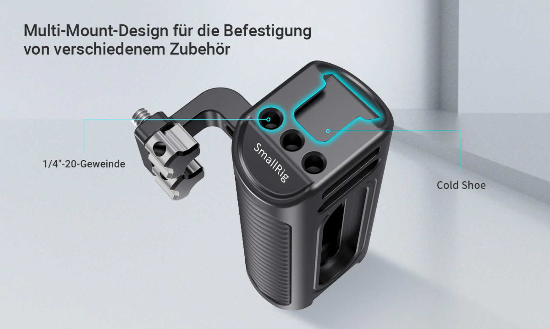 Ein schwarzes Multi-Mount-Design für Zubehör. Es verfügt über ein 1/4"-20-Gewinde und einen Cold Shoe.