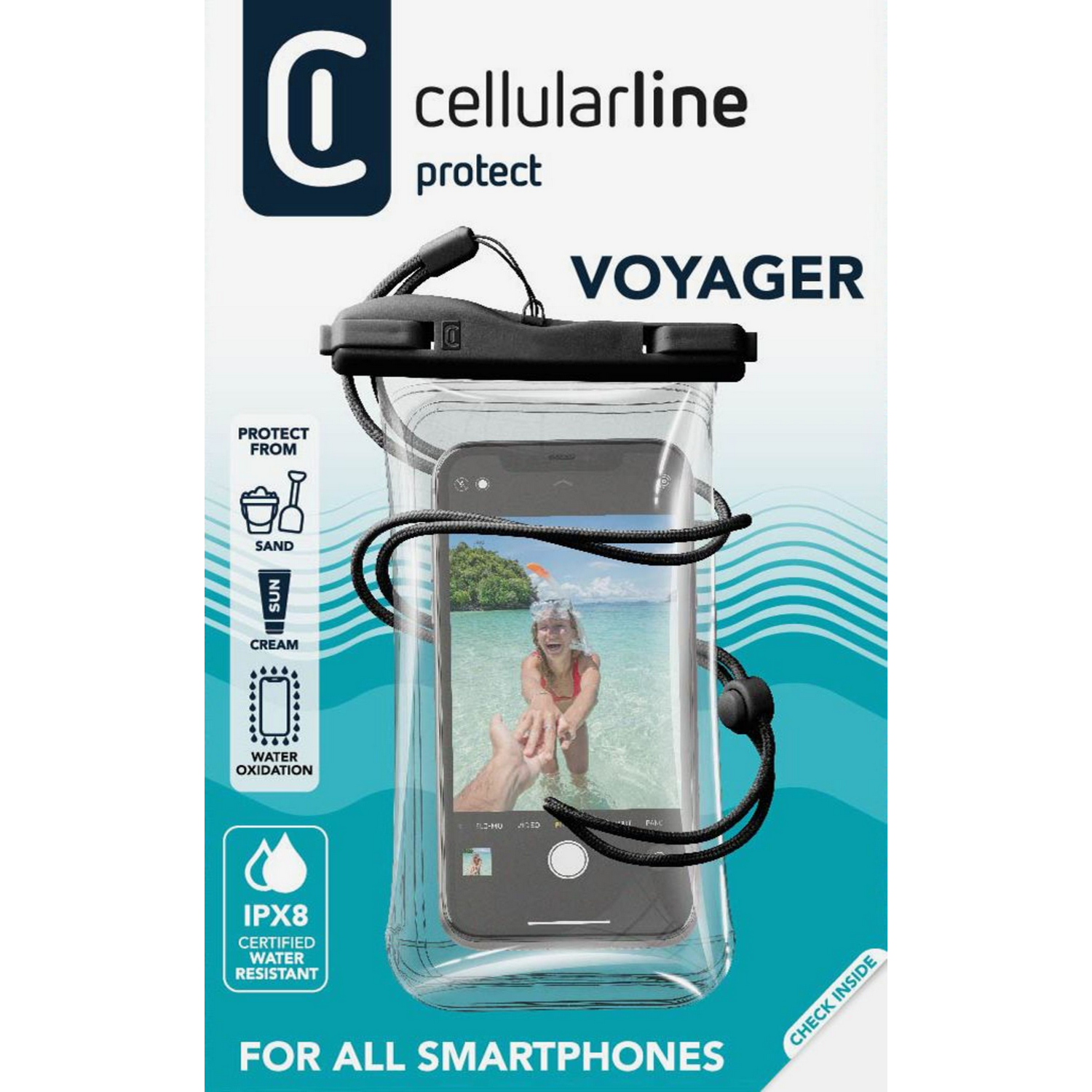 Funda impermeable para teléfono. Transparente con detalles en negro. Teléfono en el centro. Incluye correa.