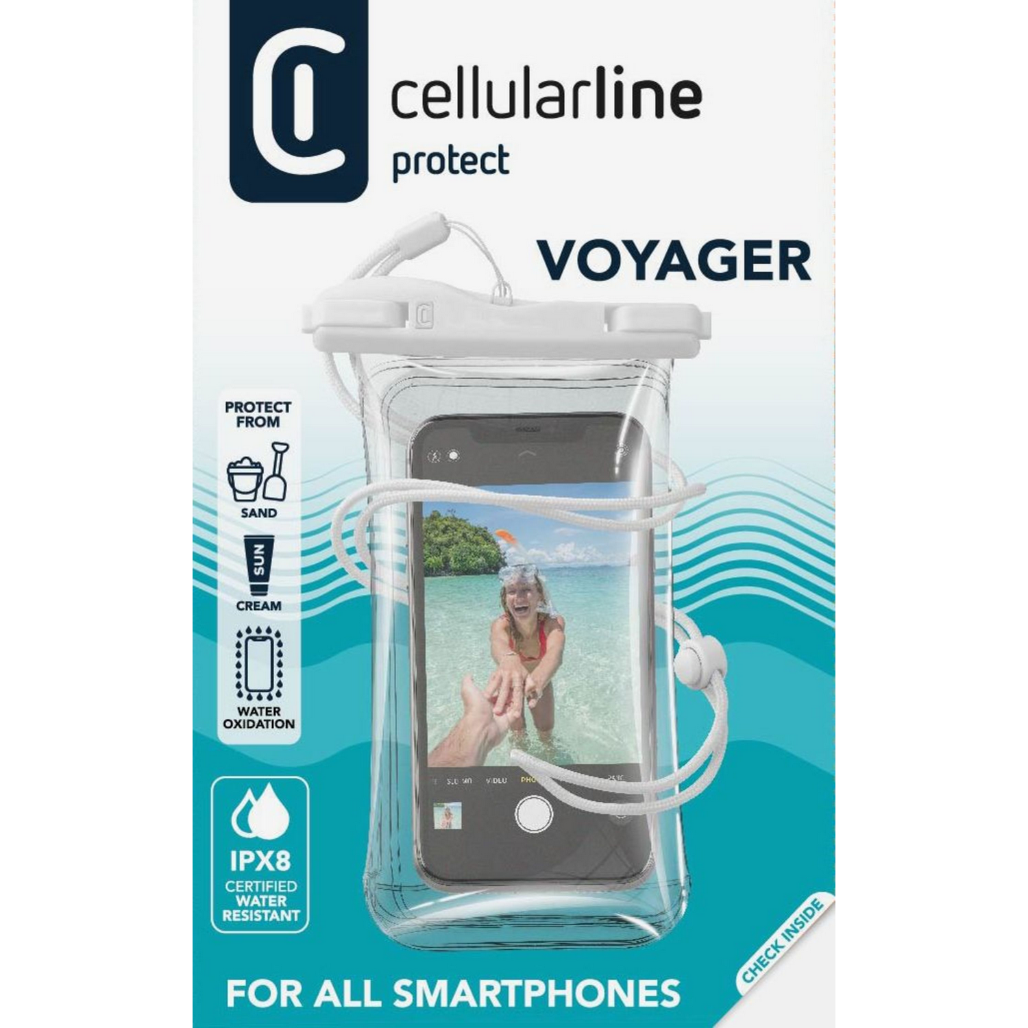 Funda transparente con móvil y foto de playa. Texto: Voyager, protección contra arena, sol, crema, agua.