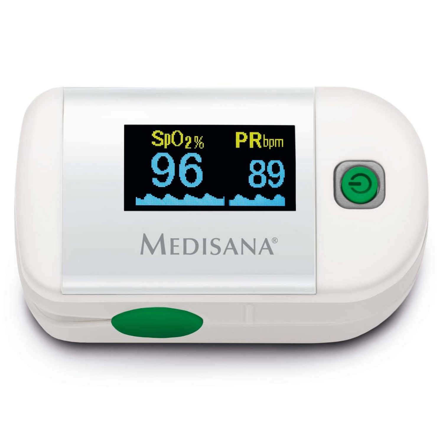 Oxímetro blanco mostrando SpO2 96%, PRbpm 89. Botón verde y marca Medisana visibles.