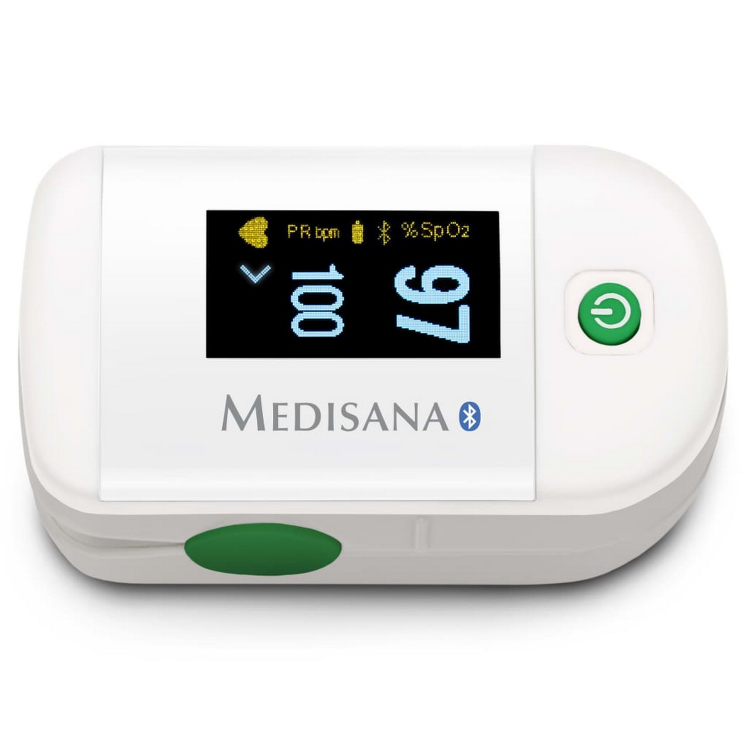 Oxímetro de pulso Medisana blanco con pantalla: 100 y 97.