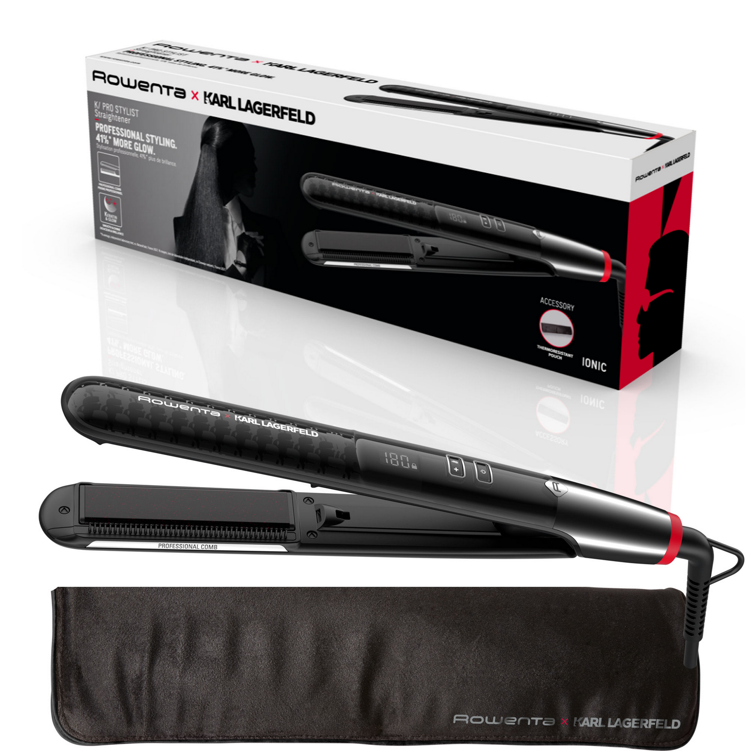 Plancha de pelo negra con detalles rojos y una funda negra, exhibida frente a su caja.