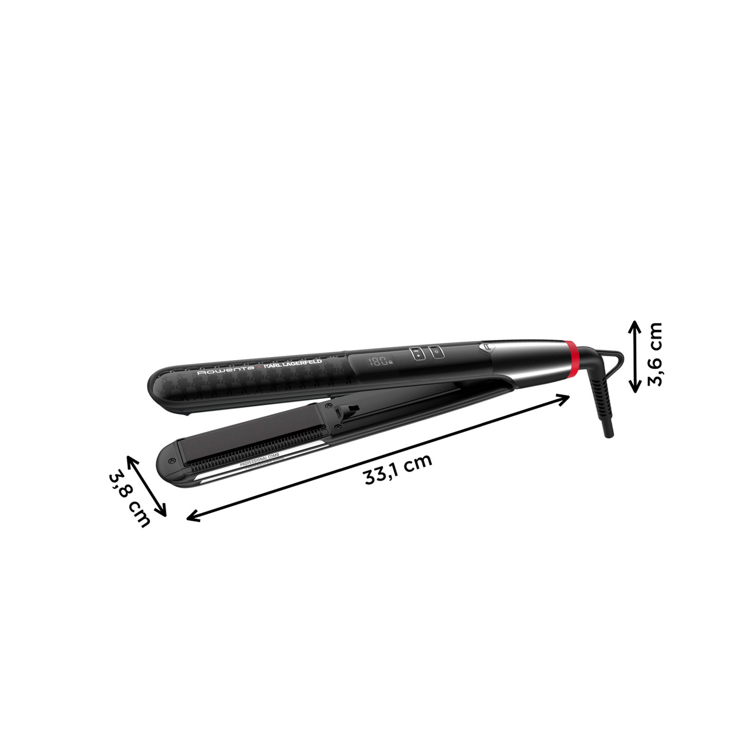 Plancha de pelo negra y roja con dimensiones marcadas.