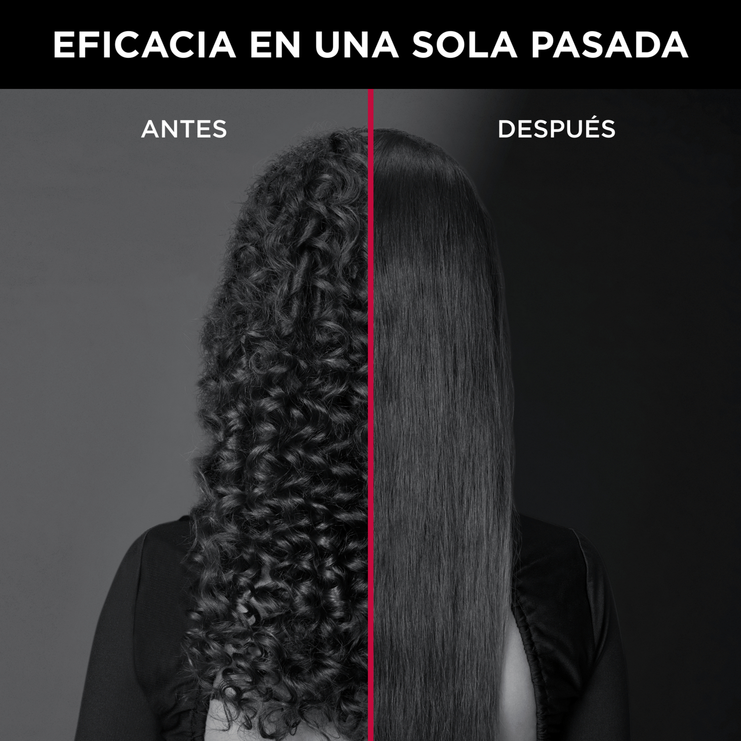 Imagen del antes y el después del cabello, mostrando una transformación de rizado a liso.
