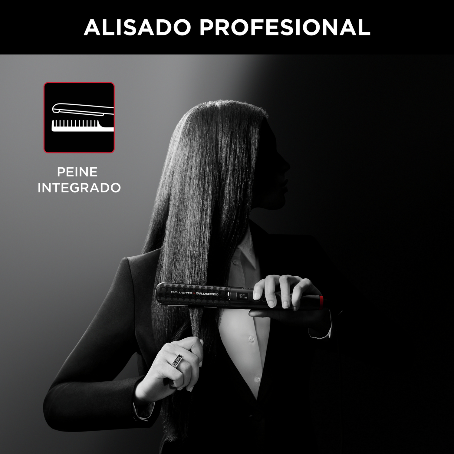 Una persona usando una plancha para el cabello. El texto dice 'PEINE INTEGRADO' y 'ALISADO PROFESIONAL'.