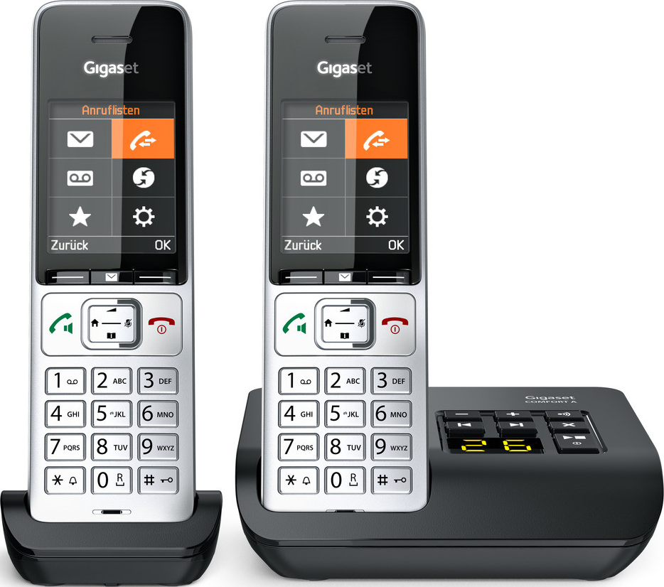 Zwei Gigaset schnurlose Telefone und eine Basisstation, schwarz-weißes Design.