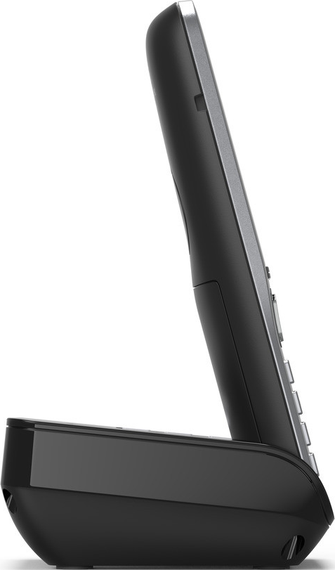 Base de téléphone sans fil noire avec un combiné, vue latérale.
