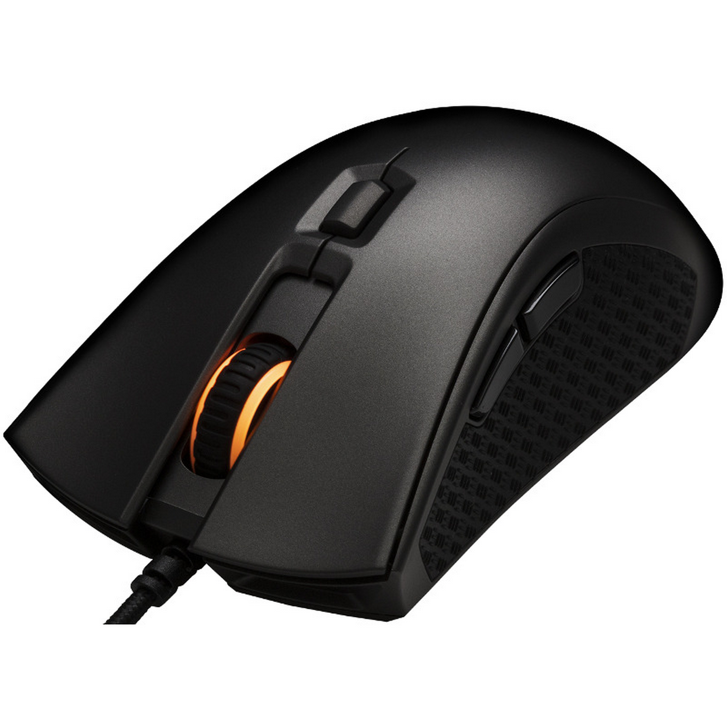 Un ratón para juegos negro con una rueda de desplazamiento naranja.