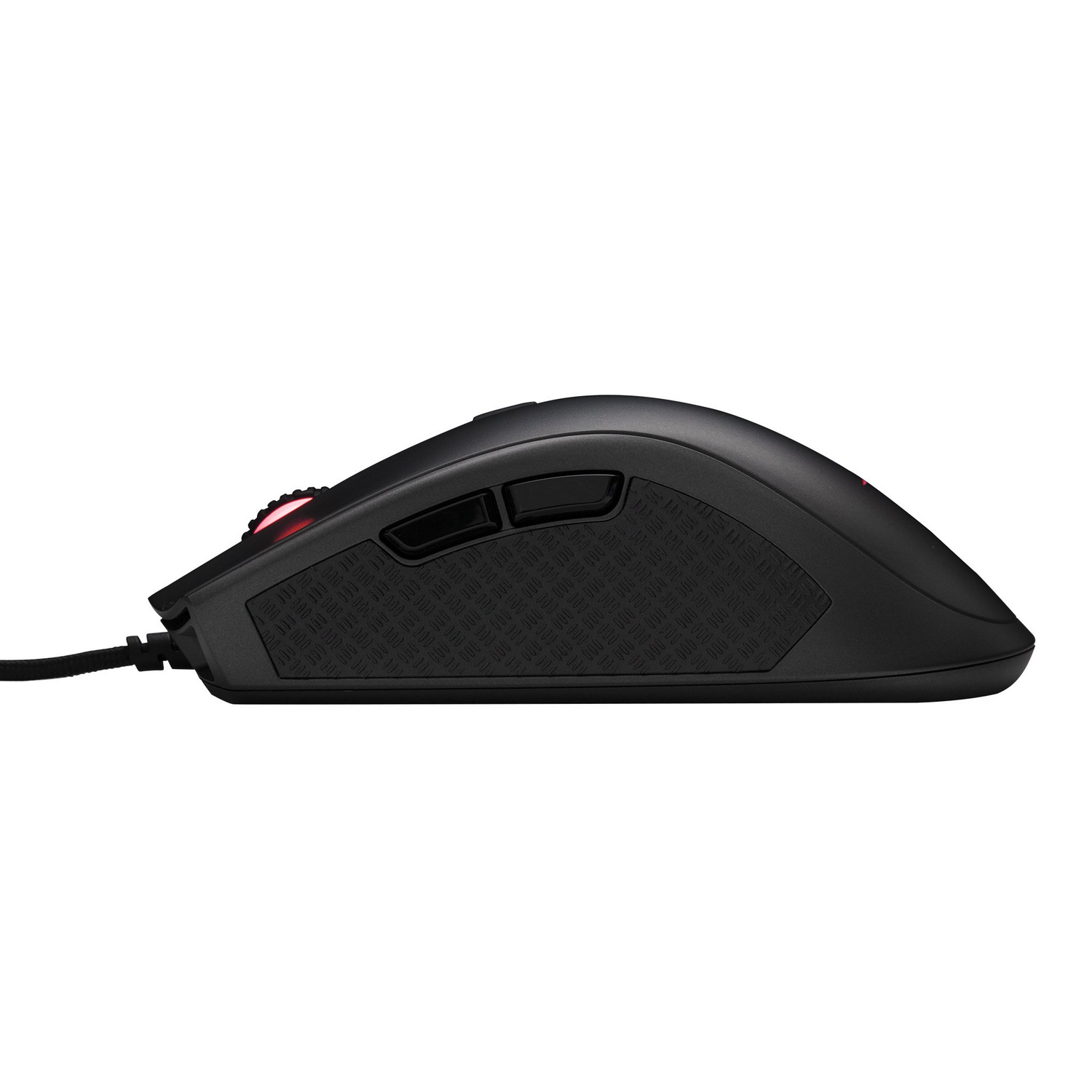 Ratón gaming negro, vista lateral, con dos botones y agarre lateral texturizado.