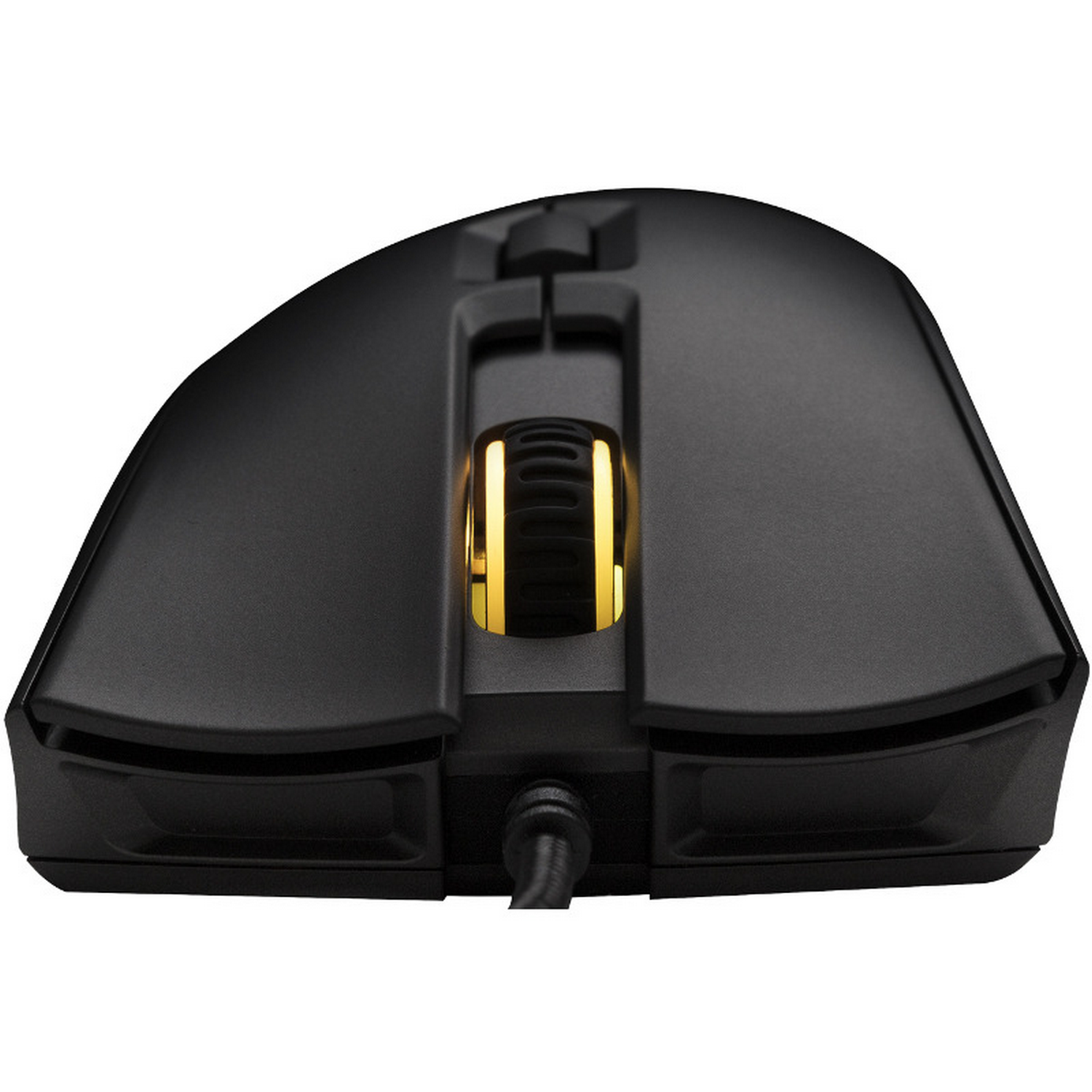 Ratón gaming negro con rueda de desplazamiento dorada. Cable adjunto. Vista superior.
