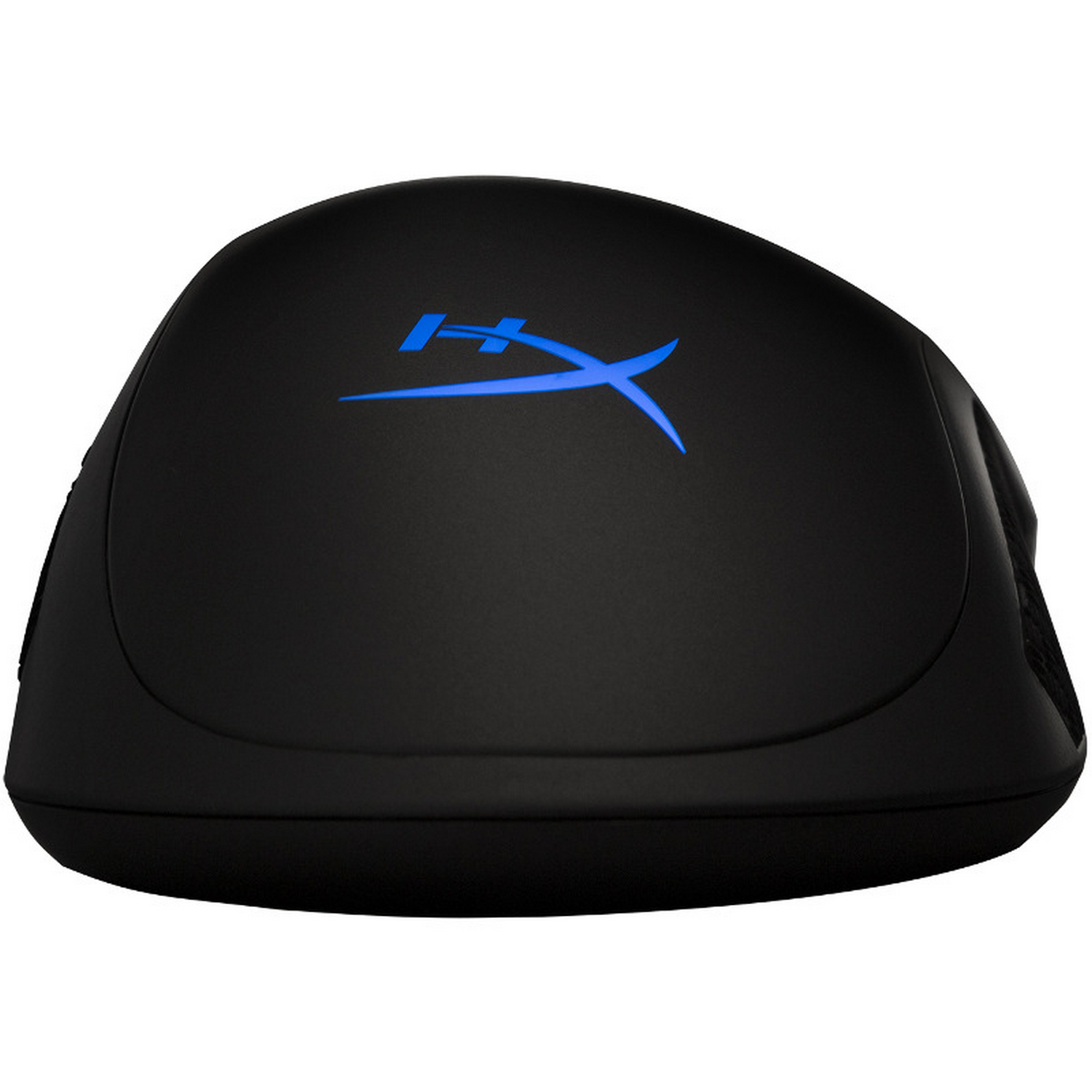 Ratón gaming negro con logo HyperX azul. El ratón tiene forma curva.