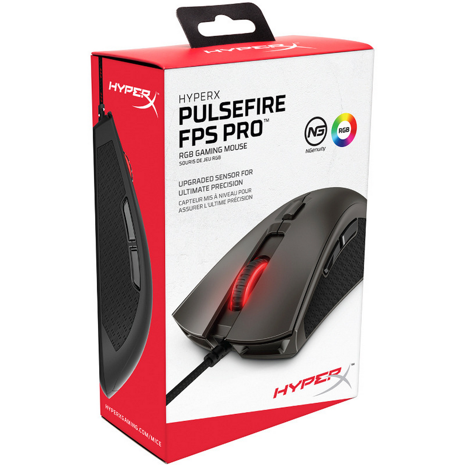 Ratón gaming HyperX en caja. Ratón negro con detalles rojos. Caja con texto e imagen del producto.