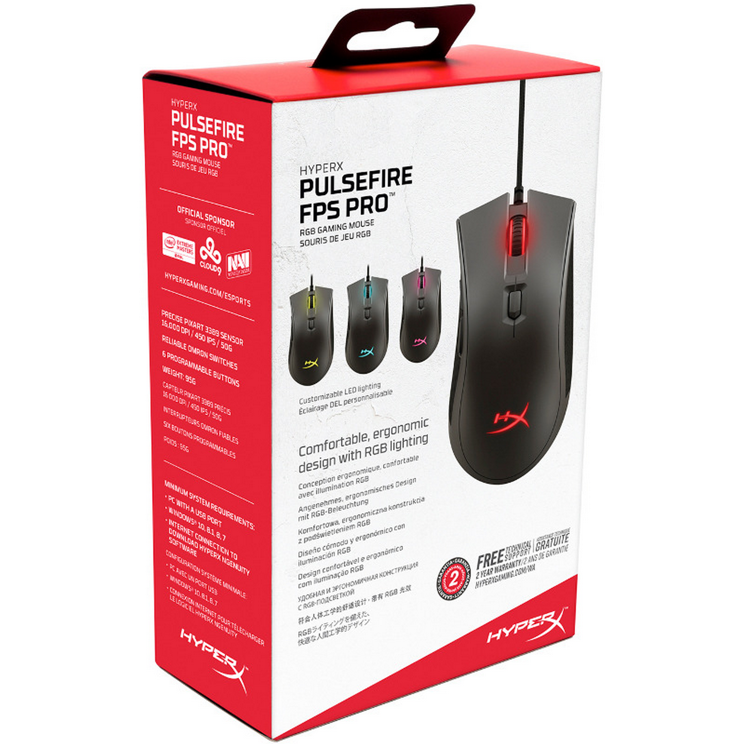 Caja del ratón gaming HyperX Pulsefire FPS Pro con ilustraciones del ratón.