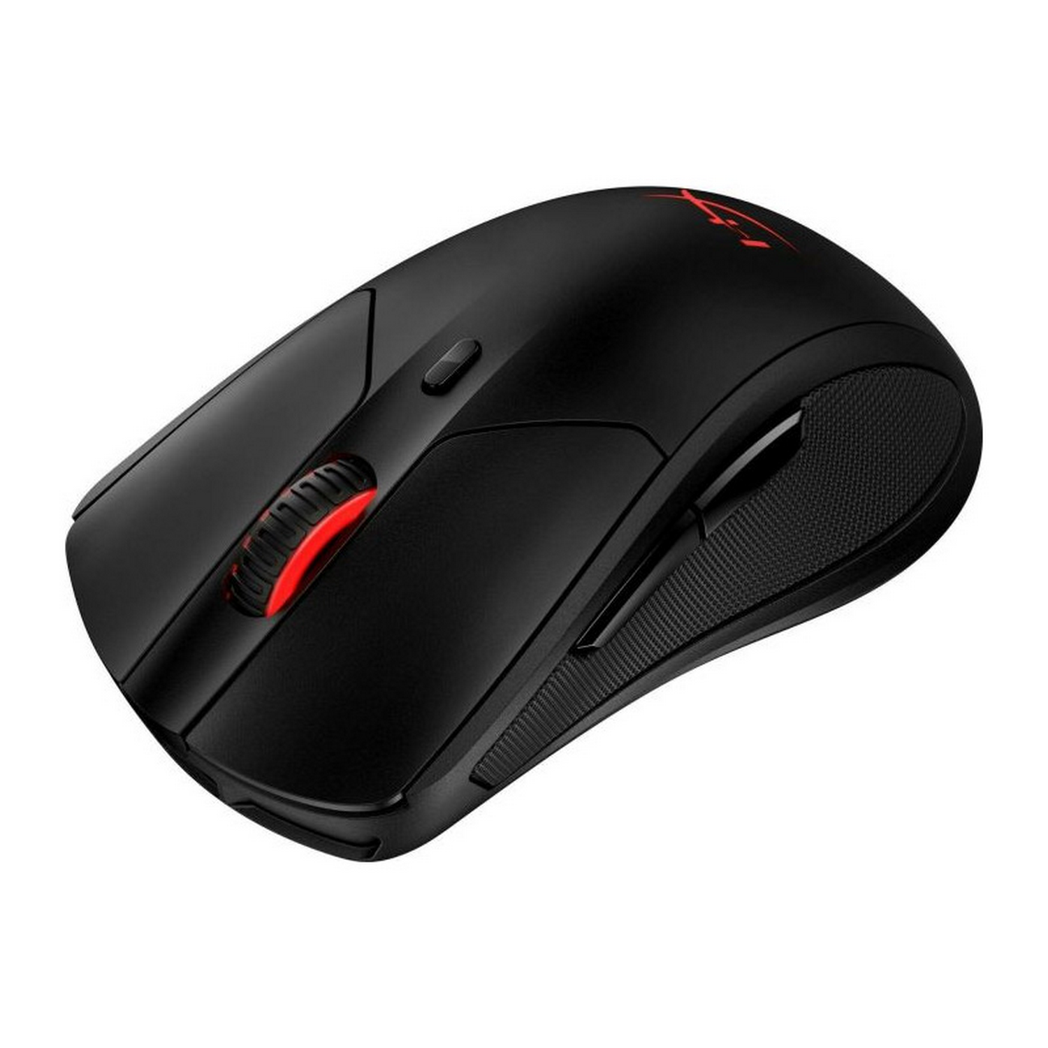 Ratón gaming negro con rueda de desplazamiento y logo rojos. Diseño simple con agarre texturizado.