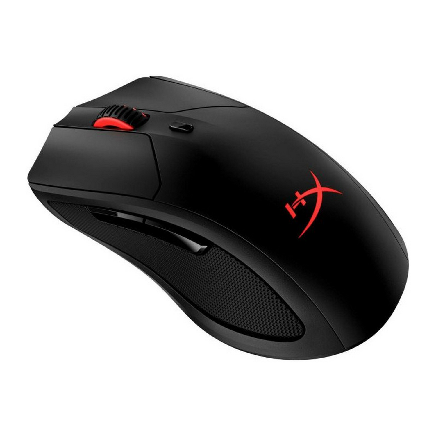 Ratón gaming inalámbrico negro con detalles rojos. Tiene botones y agarre texturizado.
