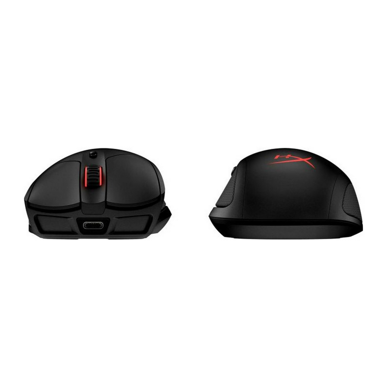 Dos ratones gaming negros. Logo HyperX, vistas lateral y superior.