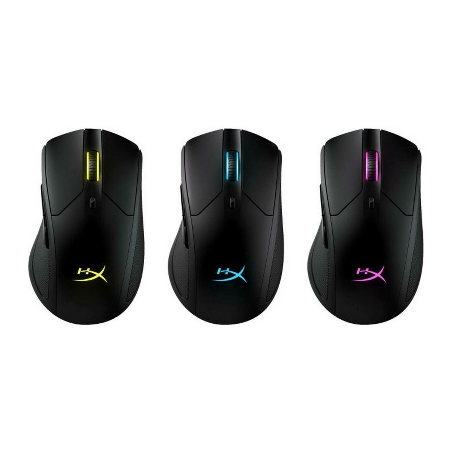 Tres ratones gaming negros, cada uno con una luz de diferente color.