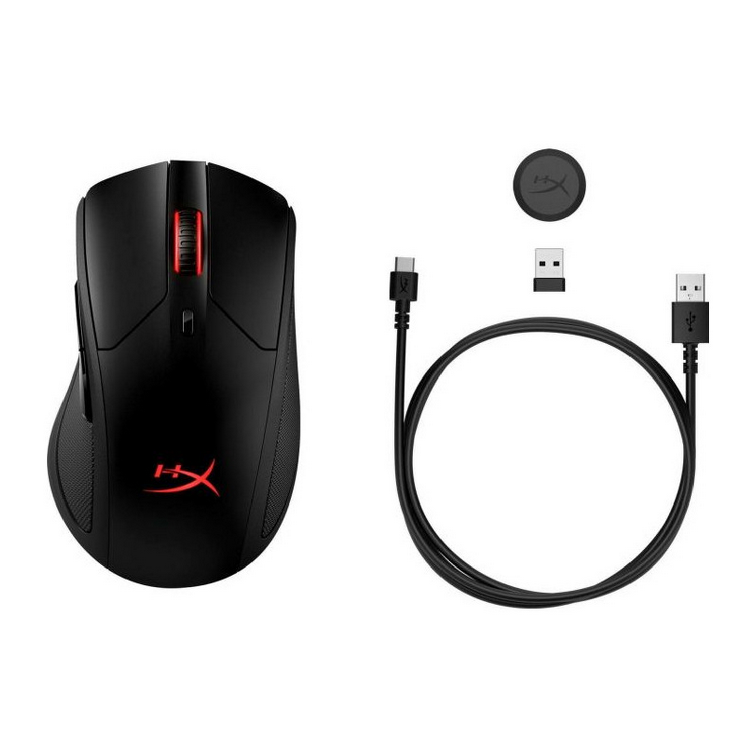 Ratón gaming negro con accesorios, incluido cable de carga. Fondo blanco.